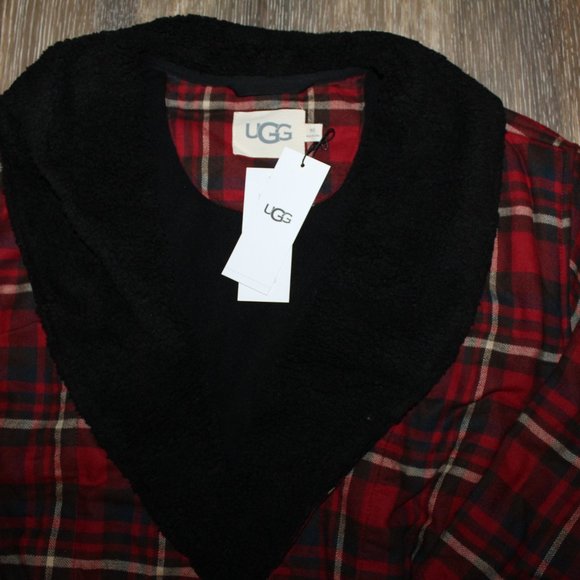 NWT UGG MEN'S KALIB PLAID FLANNEL LINED BATH ROBE RED BLACK M/L - Picture 4 of 8